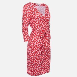 Diane Von Furstenberg red white print silk cotton jersey knit wrap dress 8 *FLAW
